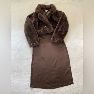 Song of Style Women Sz M  Satin-Look Midi Dress Fuzzy Crop Jacket Set Brown NWT